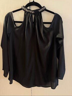 Black Sheer Jeweled Cold-Shoulder Blouse